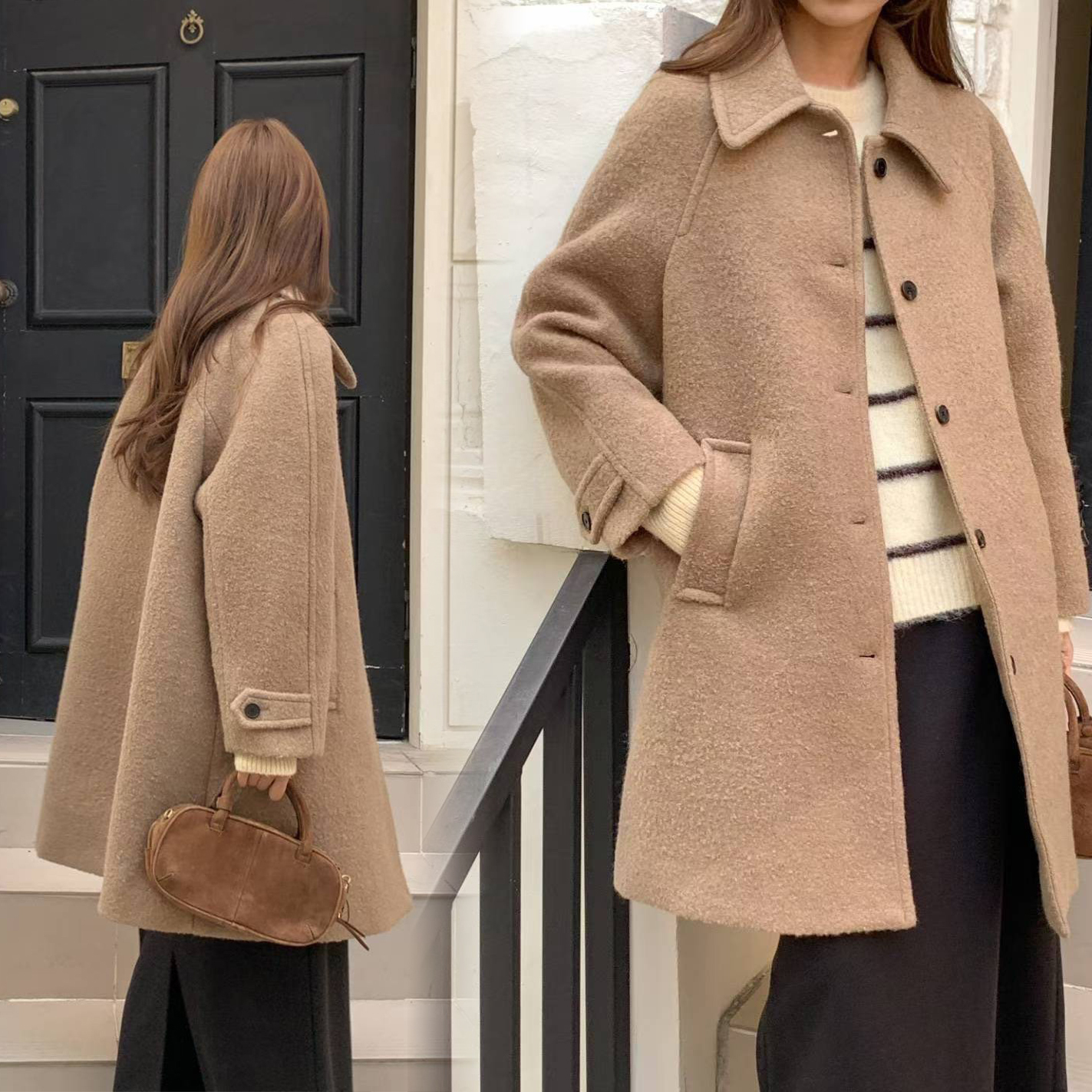 溫暖氣息可愛毛呢翻領排釦大衣外套 / 2色