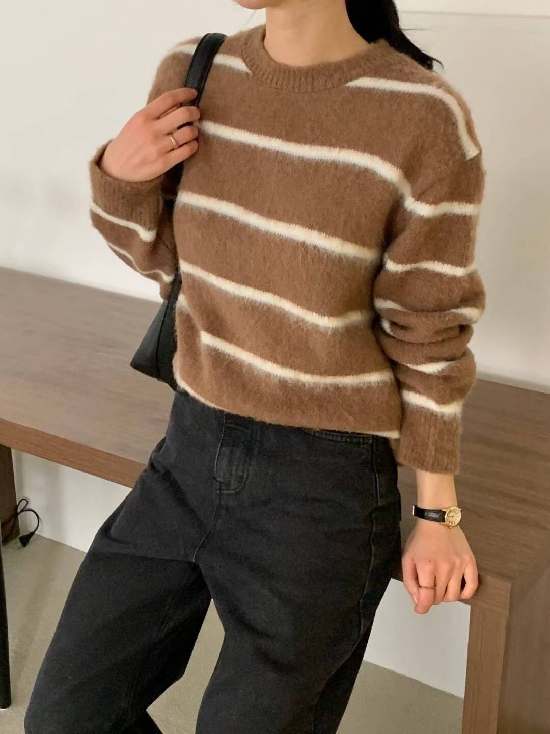 配色橫條紋圓領馬海毛針織上衣毛衣 / 2色