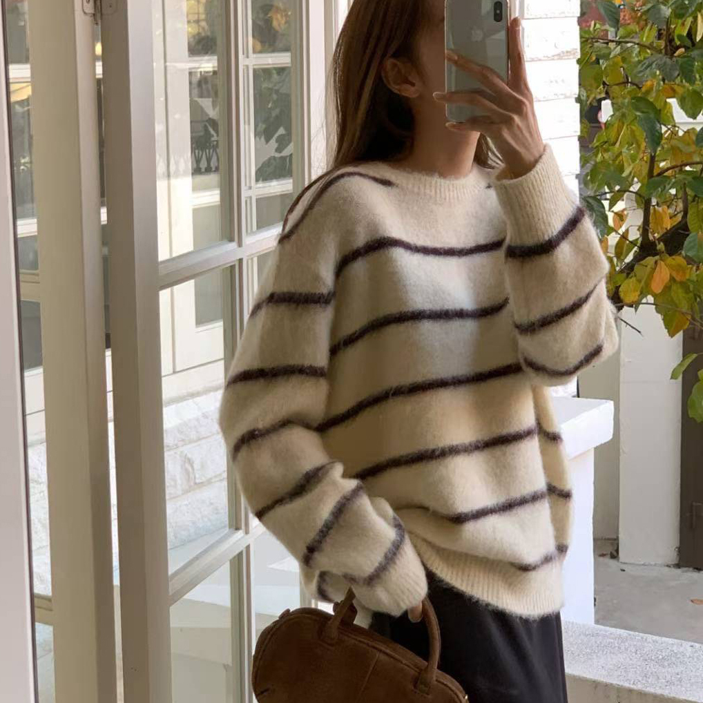 配色橫條紋圓領馬海毛針織上衣毛衣 / 2色