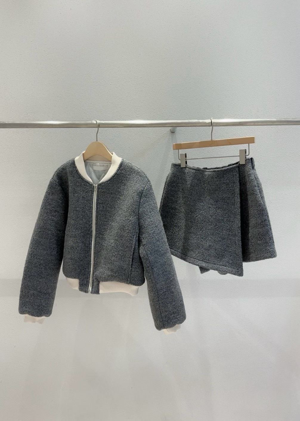 白色滾邊毛呢拉鍊棒球外套+短褲裙SET / 2色