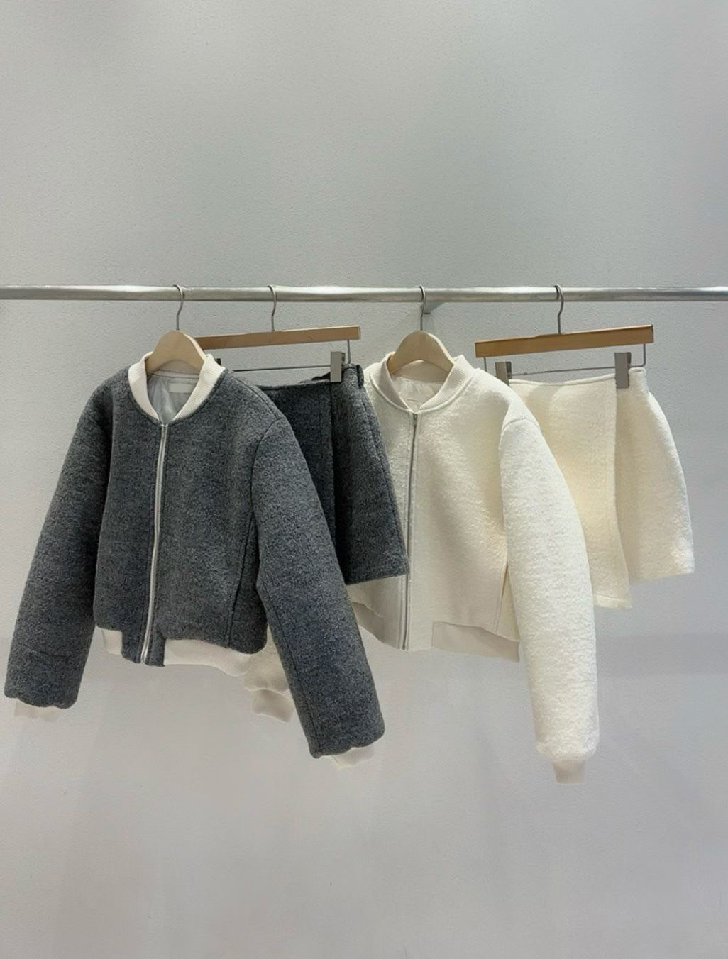 白色滾邊毛呢拉鍊棒球外套+短褲裙SET / 2色