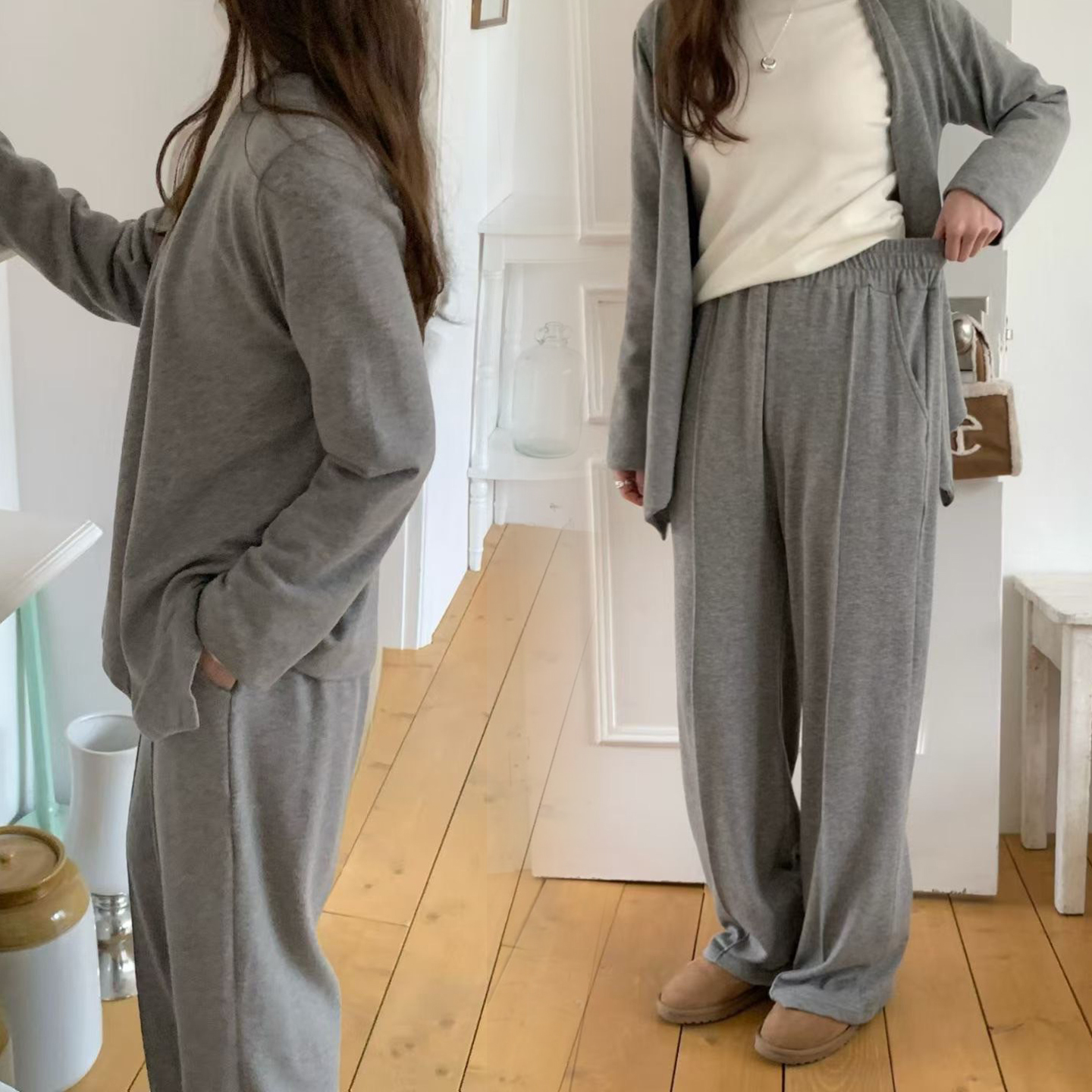 不規則下擺造型長版開襟外套+長褲SET / 2色