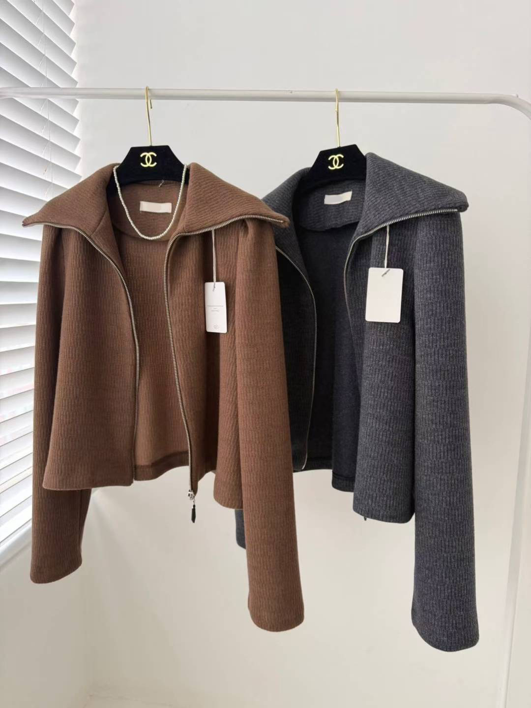 拉鍊大翻領造型螺紋毛衣針織外套 / 2色