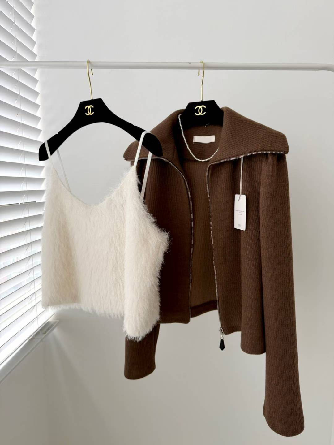 拉鍊大翻領造型螺紋毛衣針織外套 / 2色