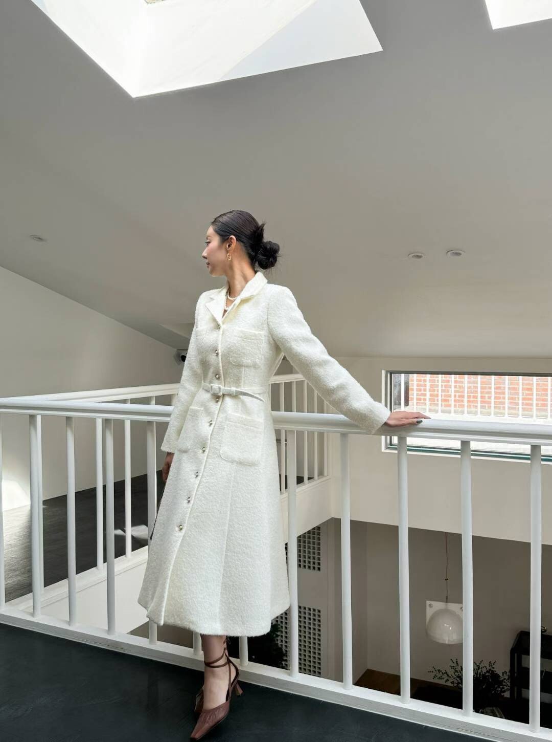 小香風翻領排釦收腰軟呢長洋裝-附腰帶 / 3色