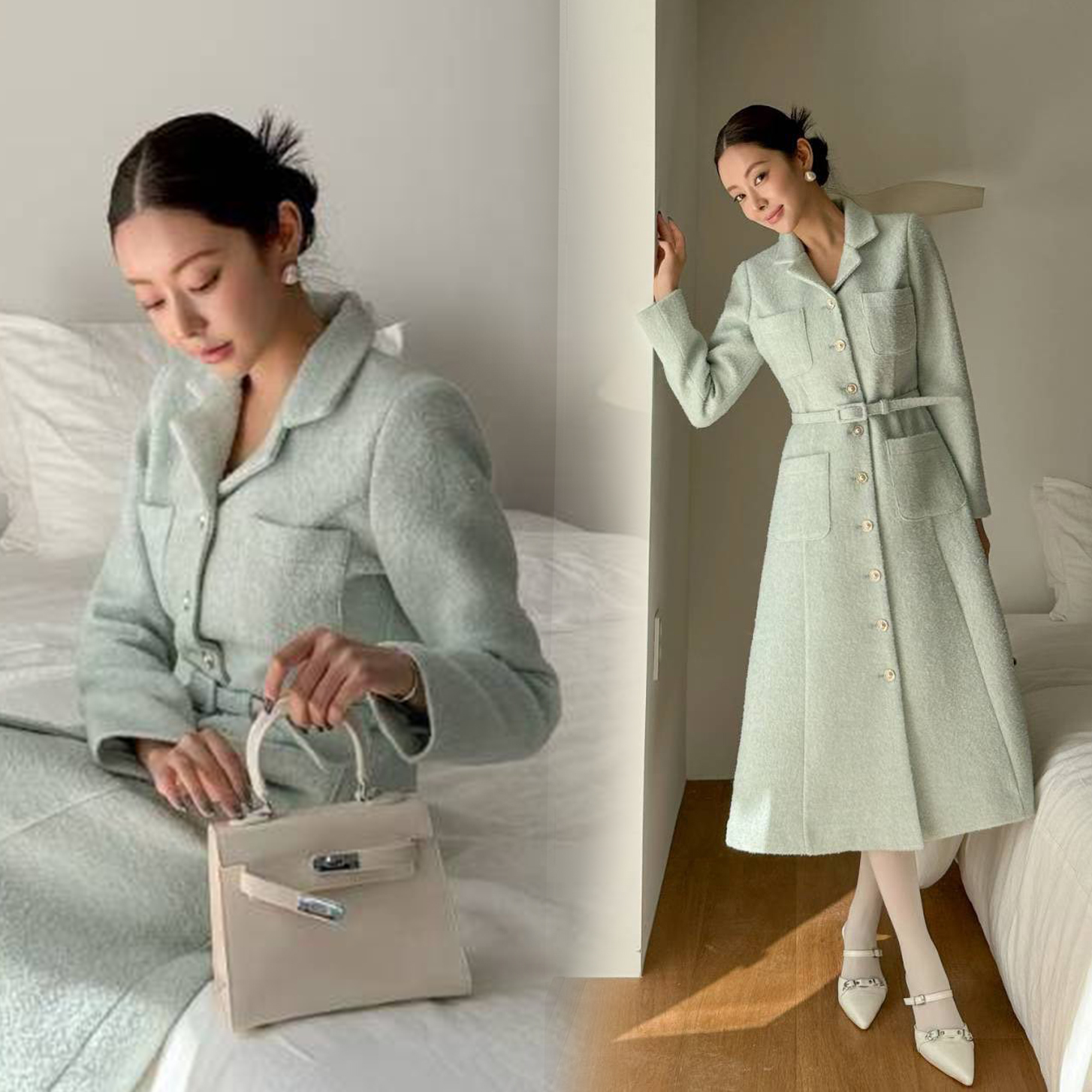 小香風翻領排釦收腰軟呢長洋裝-附腰帶 / 3色