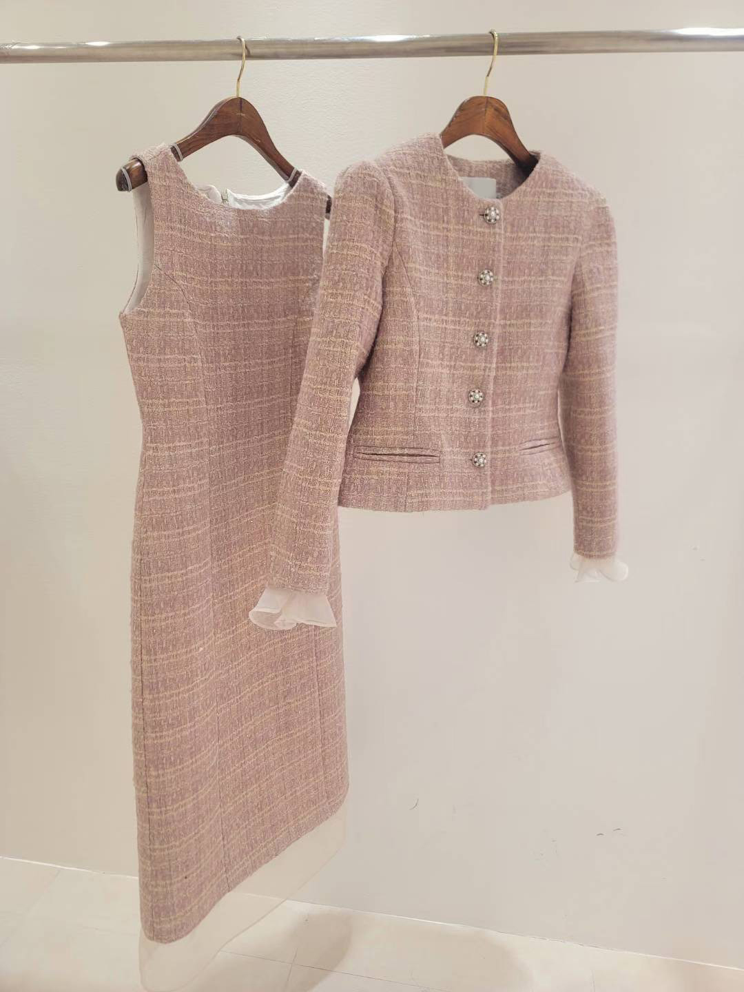 荷葉袖滾邊軟呢圓領小香外套+長洋裝SET / 3色