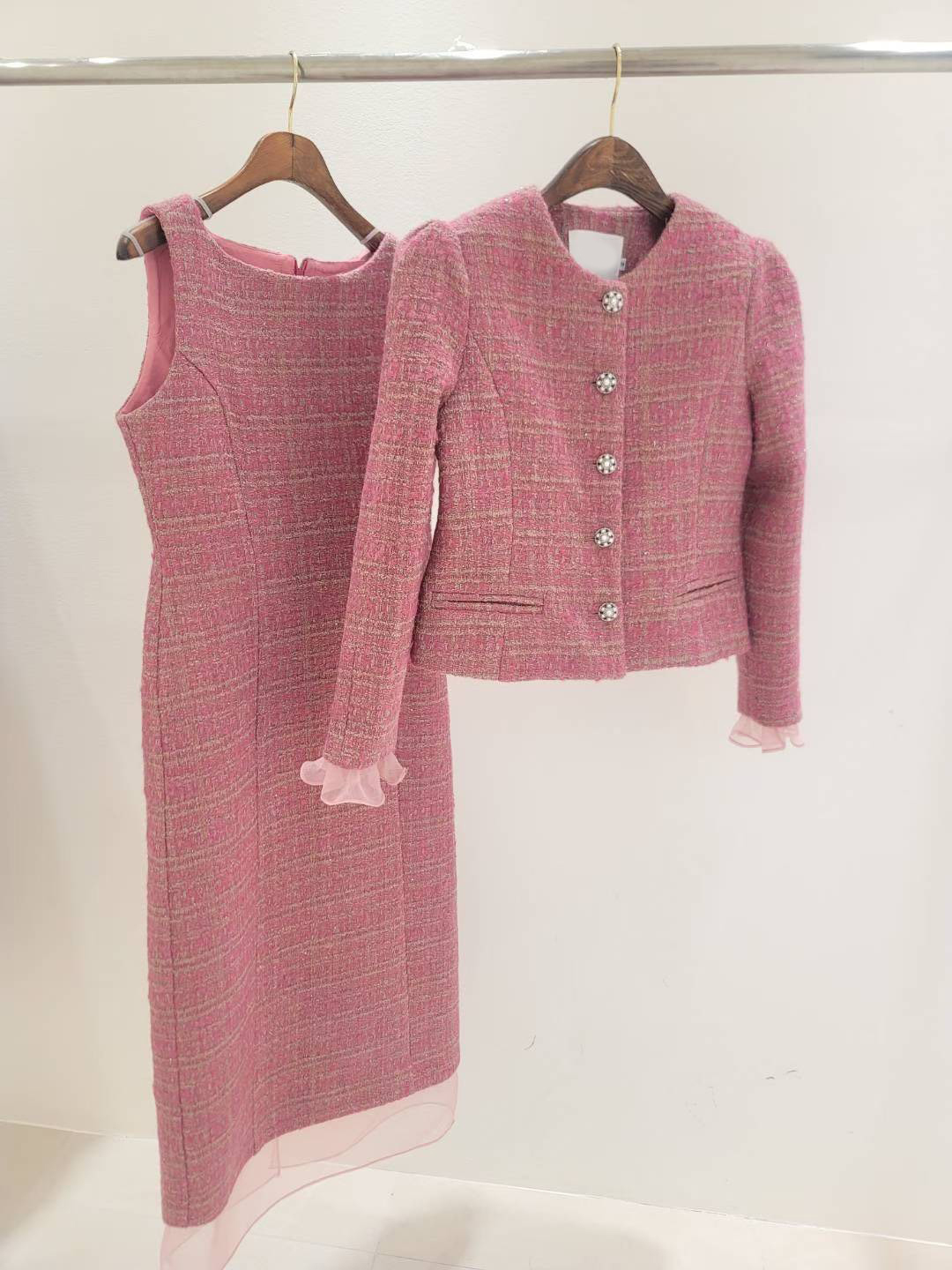 荷葉袖滾邊軟呢圓領小香外套+長洋裝SET / 3色