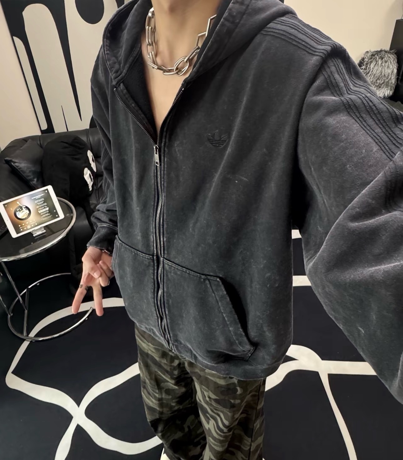 Adidas Originals Jacket 水洗厚磅連帽外套 寬鬆 刺繡 三葉草 仿舊 黑色/藍色