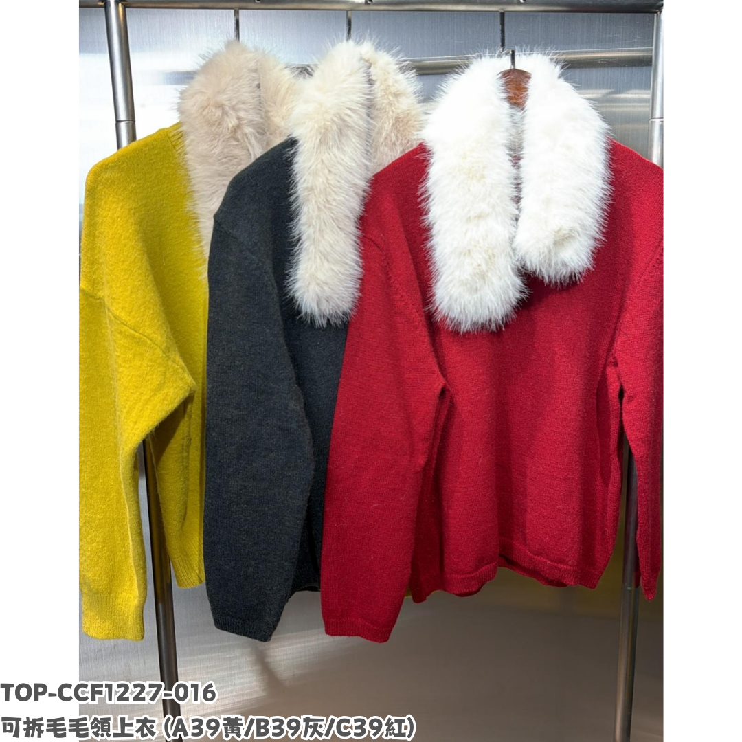 TOP-CCF1227-016 可拆毛毛領上衣 (A39黃/B39灰/C39紅)