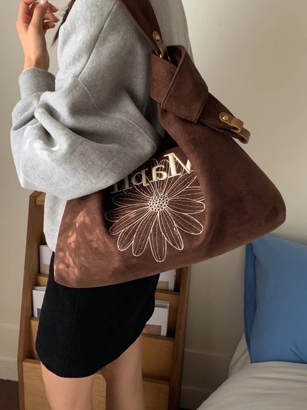 小雛菊 刺繡麂皮絨 手提包