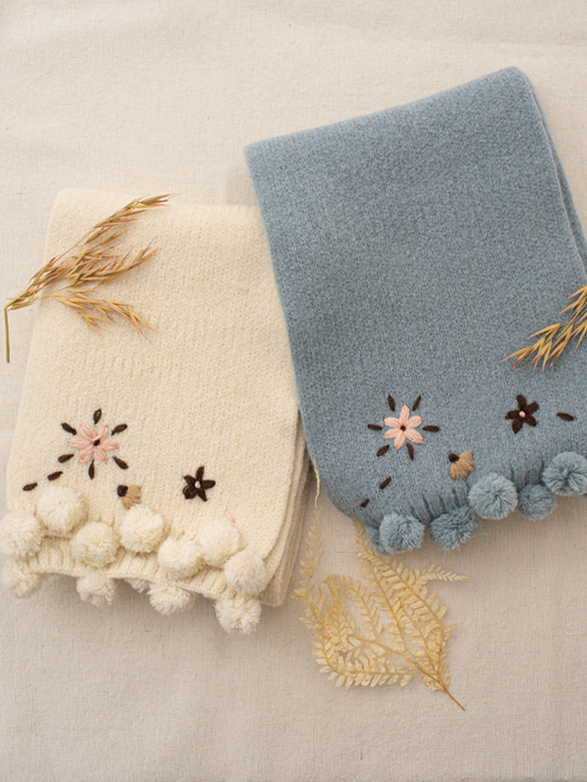 森系毛線小花球球圍巾