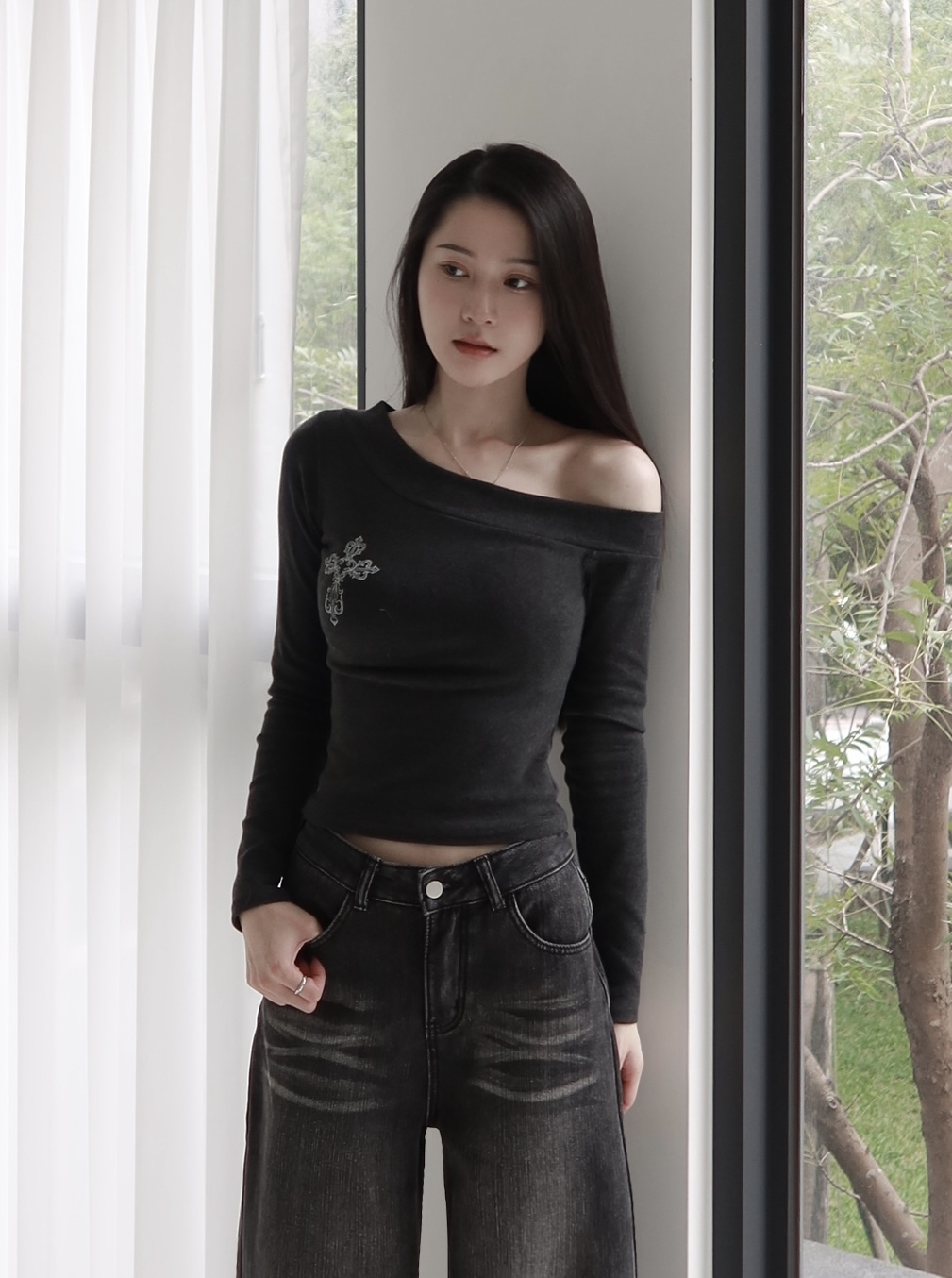 磨毛斜肩十字架長T