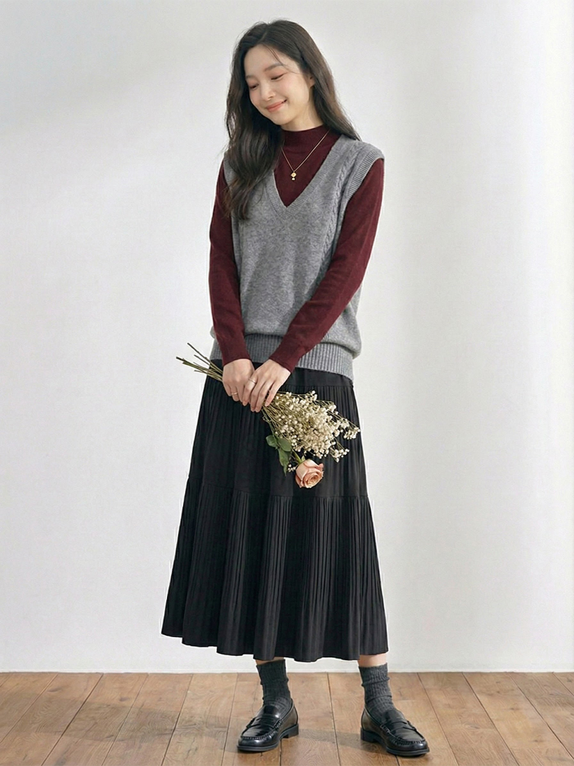 V領麻花針織背心棉絨立領內搭壓褶蛋糕長裙組合