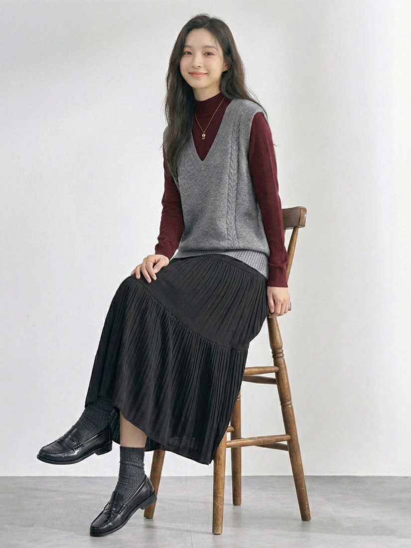 V領麻花針織背心棉絨立領內搭壓褶蛋糕長裙組合