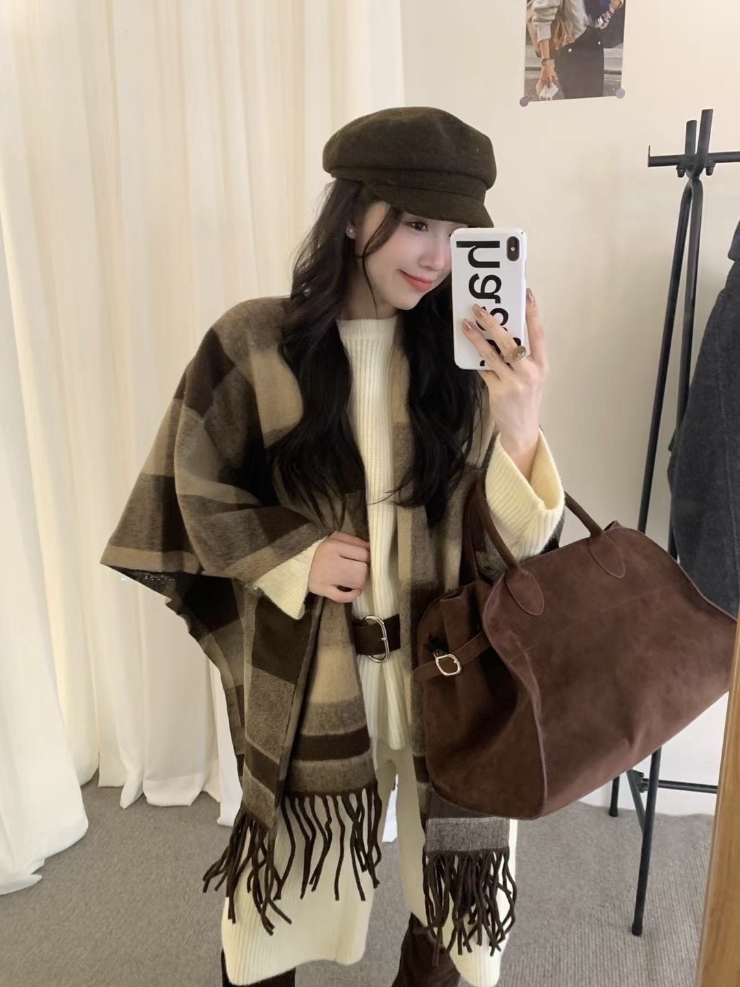 156 羊絨質感流蘇披肩圍巾