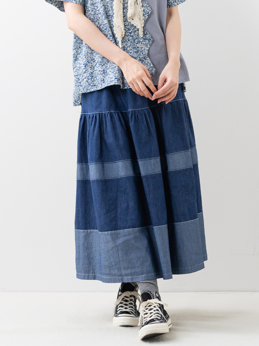 鬆緊腰配色層次剪接蛋糕牛仔長裙