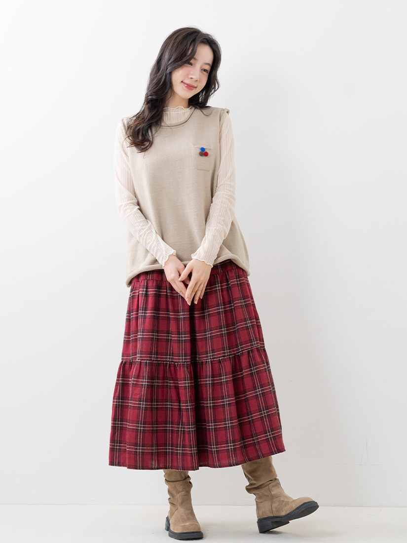 捲邊背心透膚條紋內搭上衣格紋法蘭絨裙組合