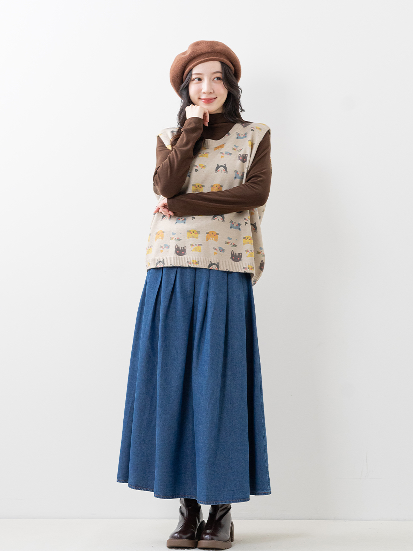 貓咪印花針織背心棉絨立領內搭百褶A字牛仔裙組合