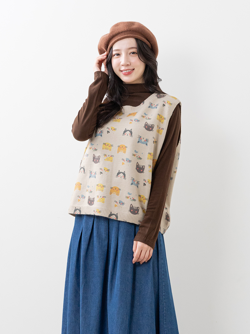 貓咪印花針織背心棉絨立領內搭百褶A字牛仔裙組合
