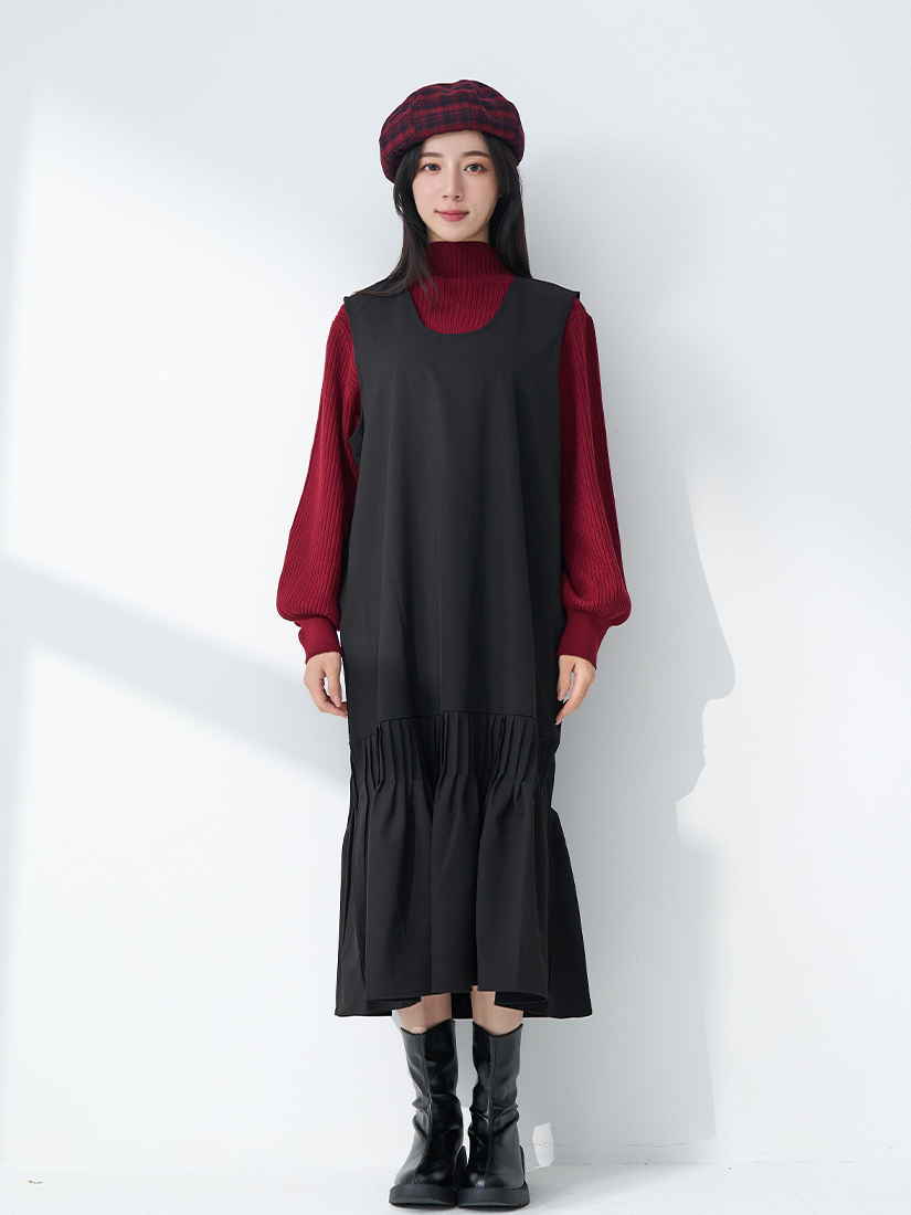 日系魚尾連身洋裝半高領針織毛衣組合