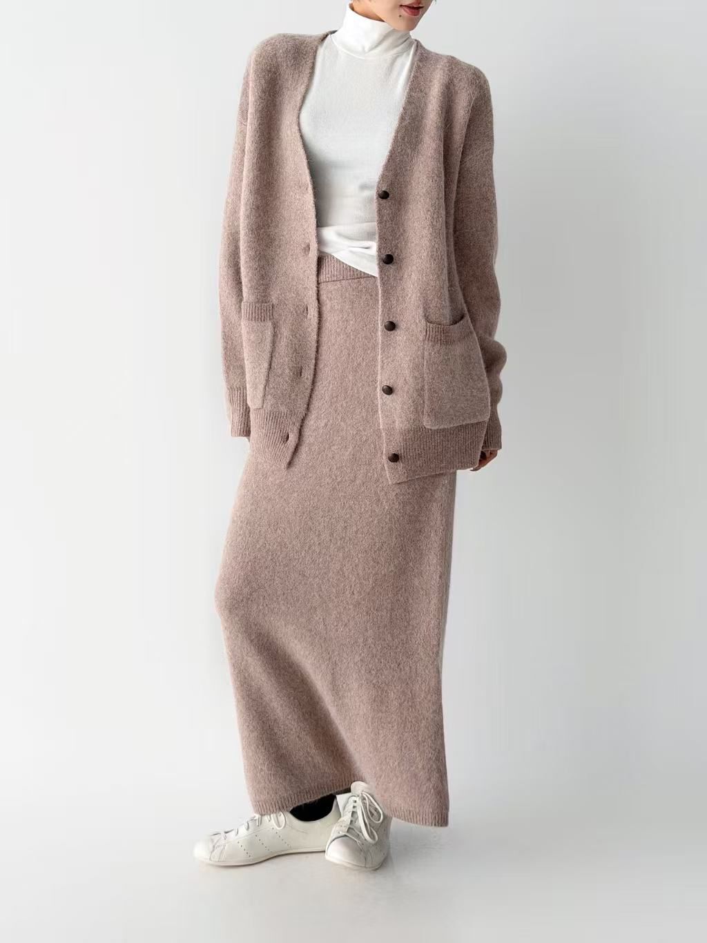 SN062 淨色長袖開胸外套連長裙套裝 Free size