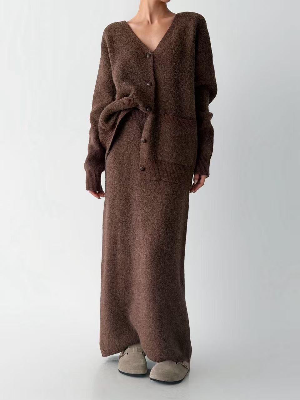 SN062 淨色長袖開胸外套連長裙套裝 Free size