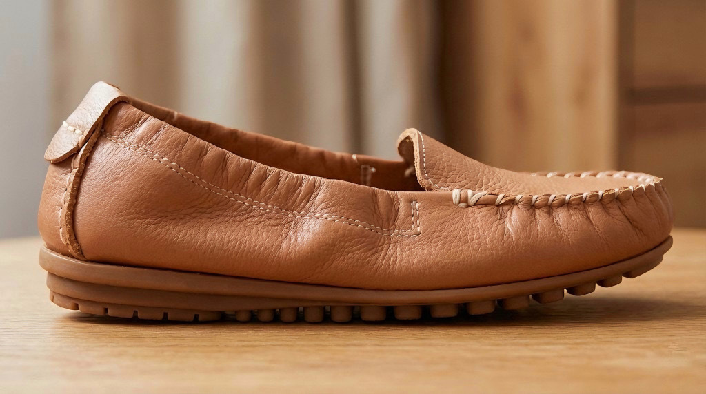 特寫 Sanly Joy 真皮豆豆鞋的防滑鞋底設計，展示橡膠顆粒帶來的優異抓地力與腳感回饋，對比厚底鞋與高跟鞋的安全性差異，是專為開車族女性推薦的駕車鞋首選。