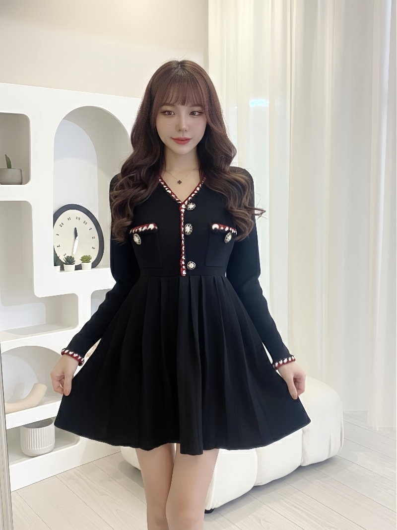 🤍小香風針織拼接百褶洋裝（黑色S/M）