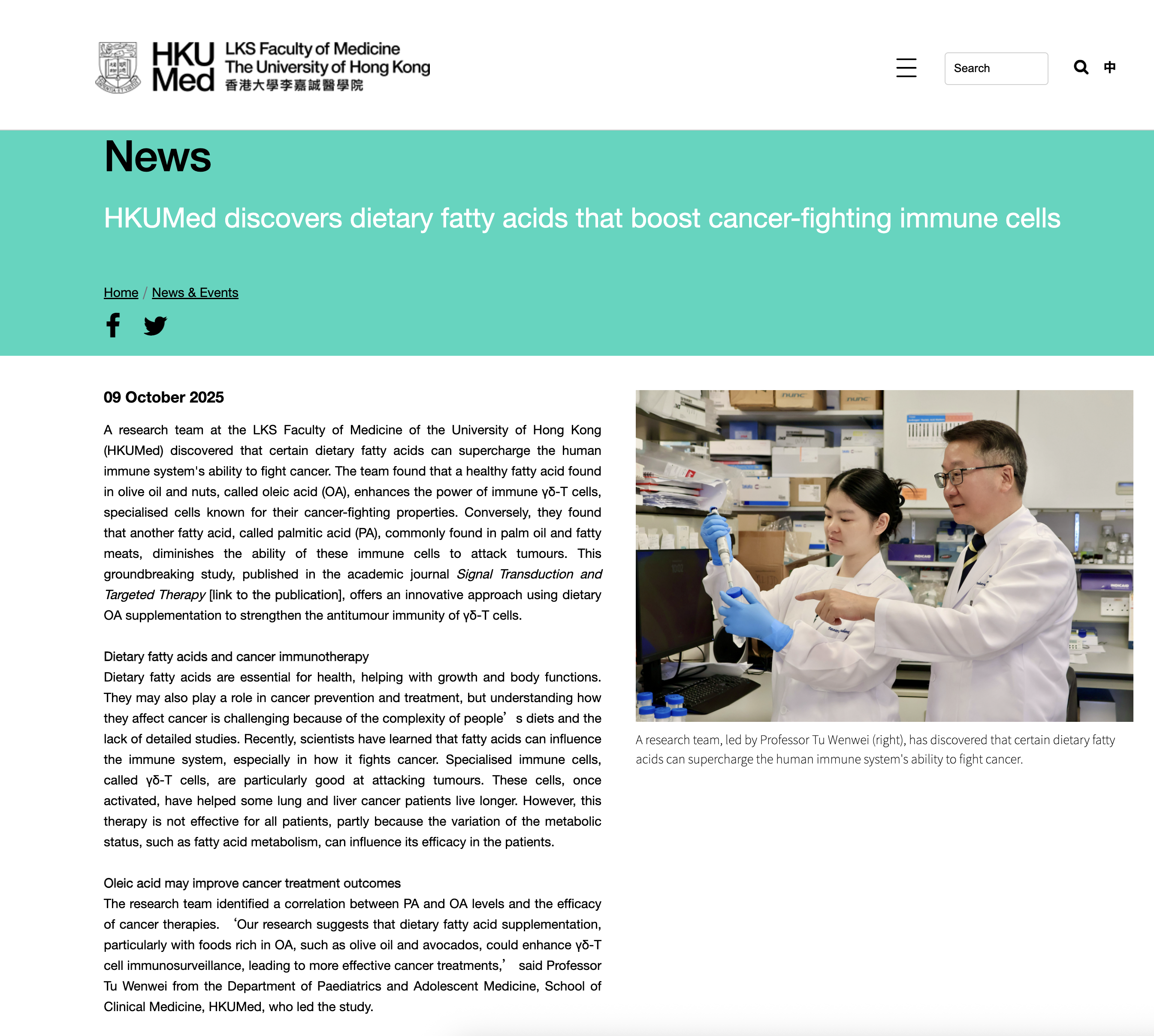 HKUMed discovers dietary fatty acids that boost cancer-fighting immune cells