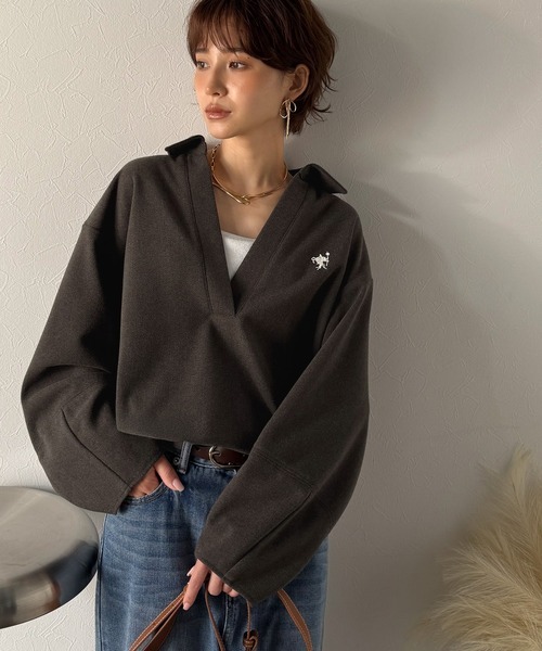 日本🇯🇵連線 Classical Elf X Classical Evon 氣質大V翻領針織POLO衫 領口鏤空 抽繩下擺 刺繡 長袖 POLO衫 簡約 3色(任買兩件711免運)/預購