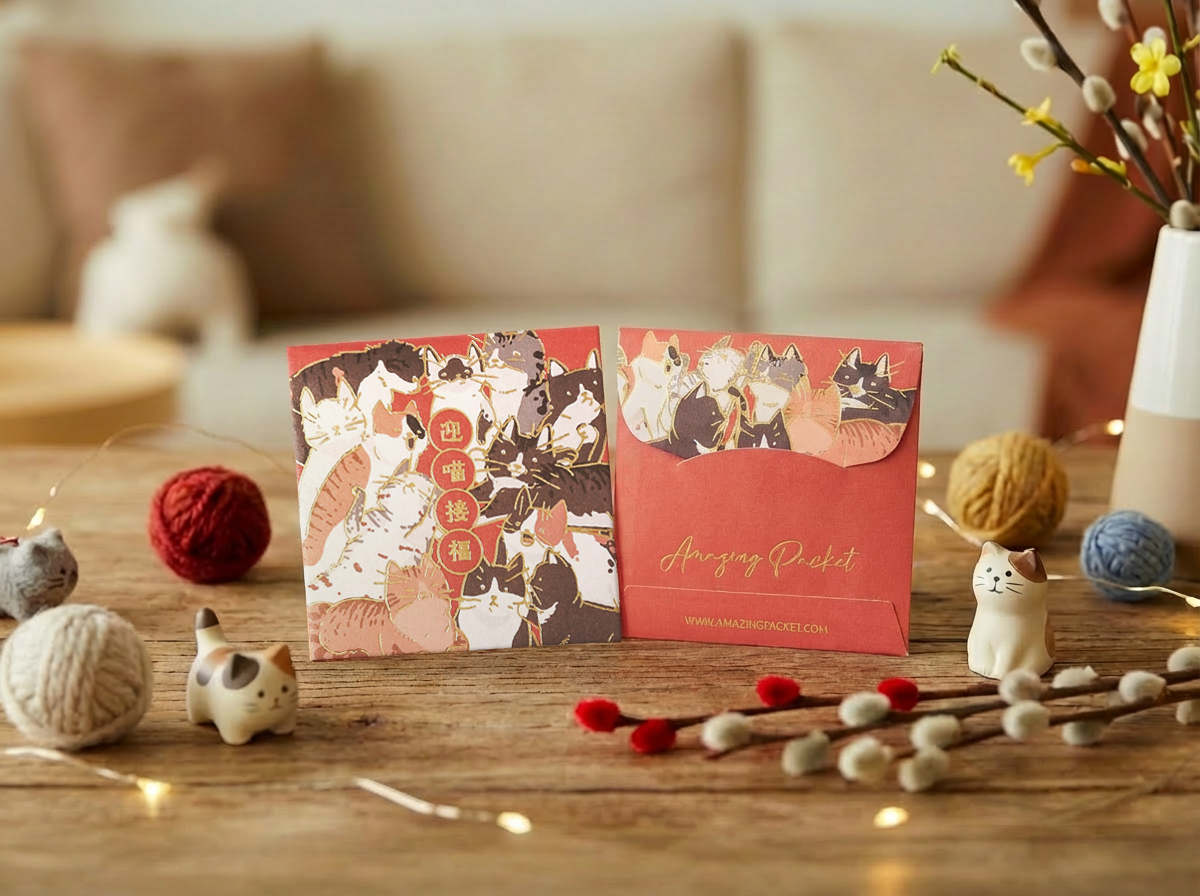 貓-橙色迎貓接福丨利是廊 香港利是封