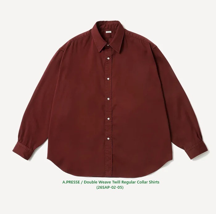 12/27 RELEASE: A.PRESSE 2026 DOUBLE WEAVE TWILL REGULAR COLLAR SHIRTS (26SAP-02-05) - PRE ORDER ITEM (預訂中)