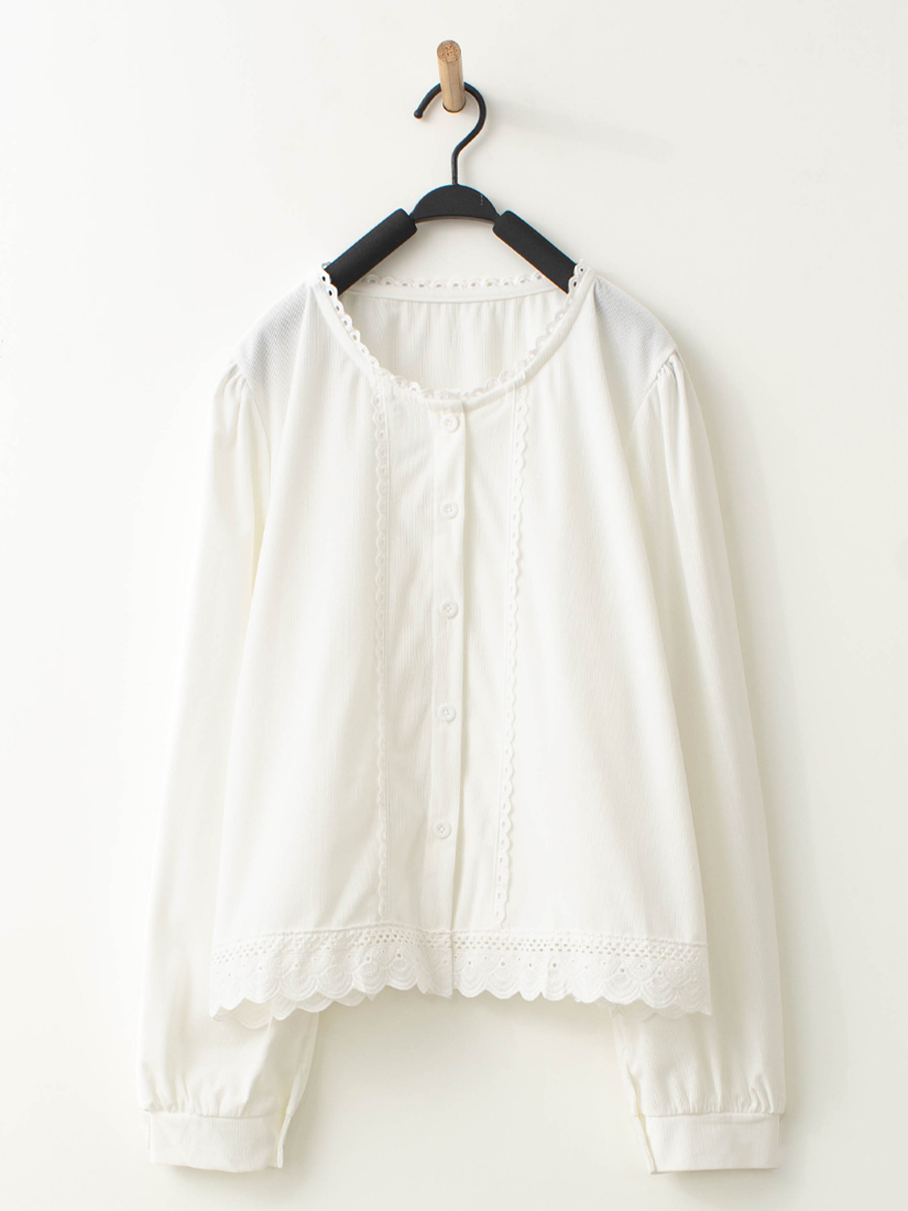 輕甜蕾絲織帶條絨長袖上衣