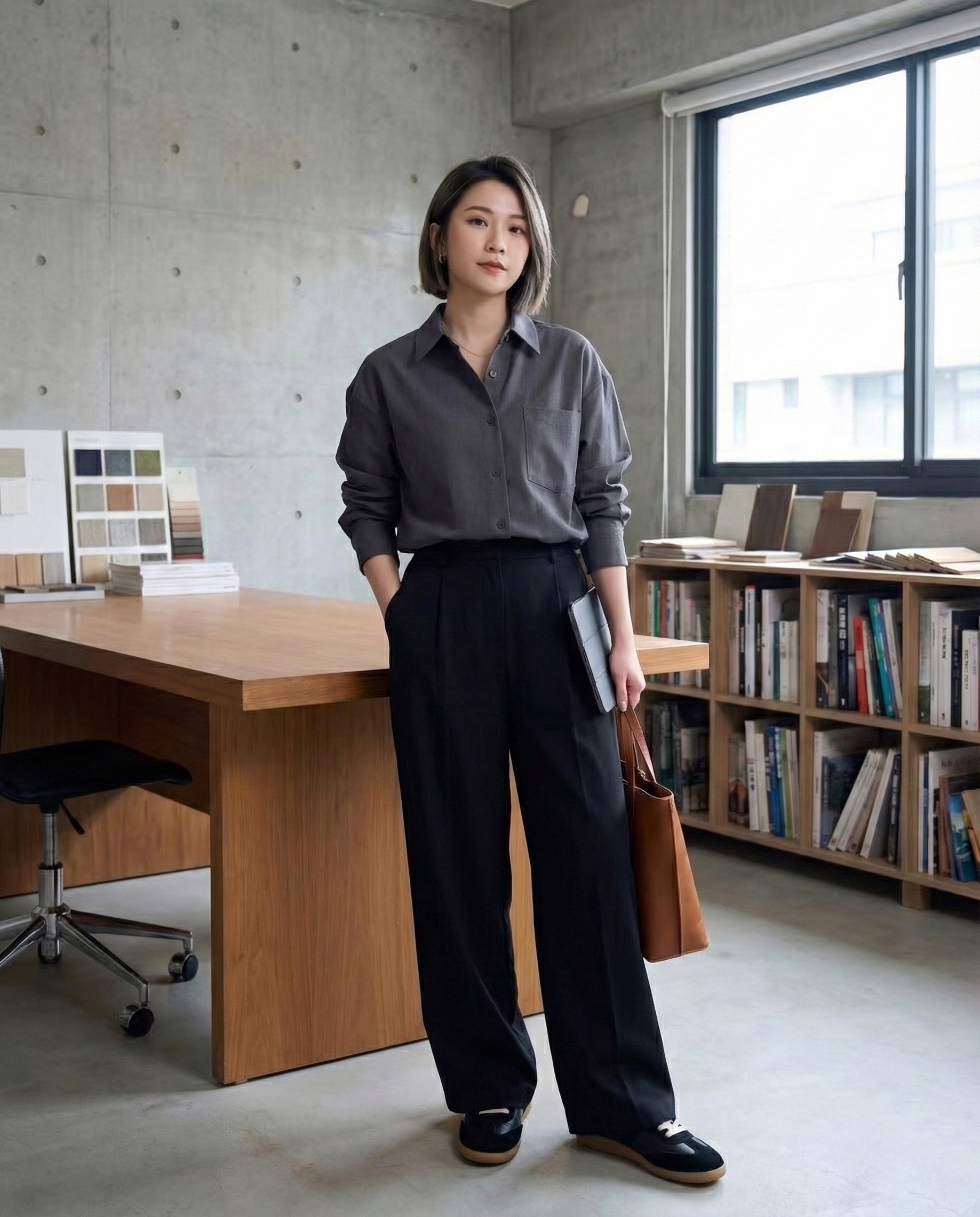 適合創意產業面試的 Sanly Joy 真皮德訓鞋穿搭，以高質感頭層牛皮取代一般帆布鞋，搭配寬褲展現極簡俐落風格，推薦給設計師與行銷企劃的微正式職場休閒鞋，兼具舒適與個性。