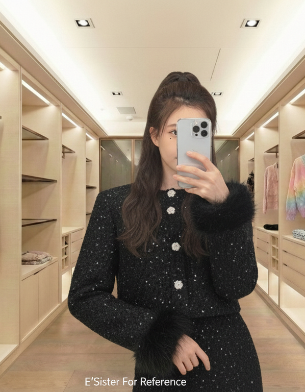 氣質珍珠金釦亮片短版外套＋半身裙兩件套 C64