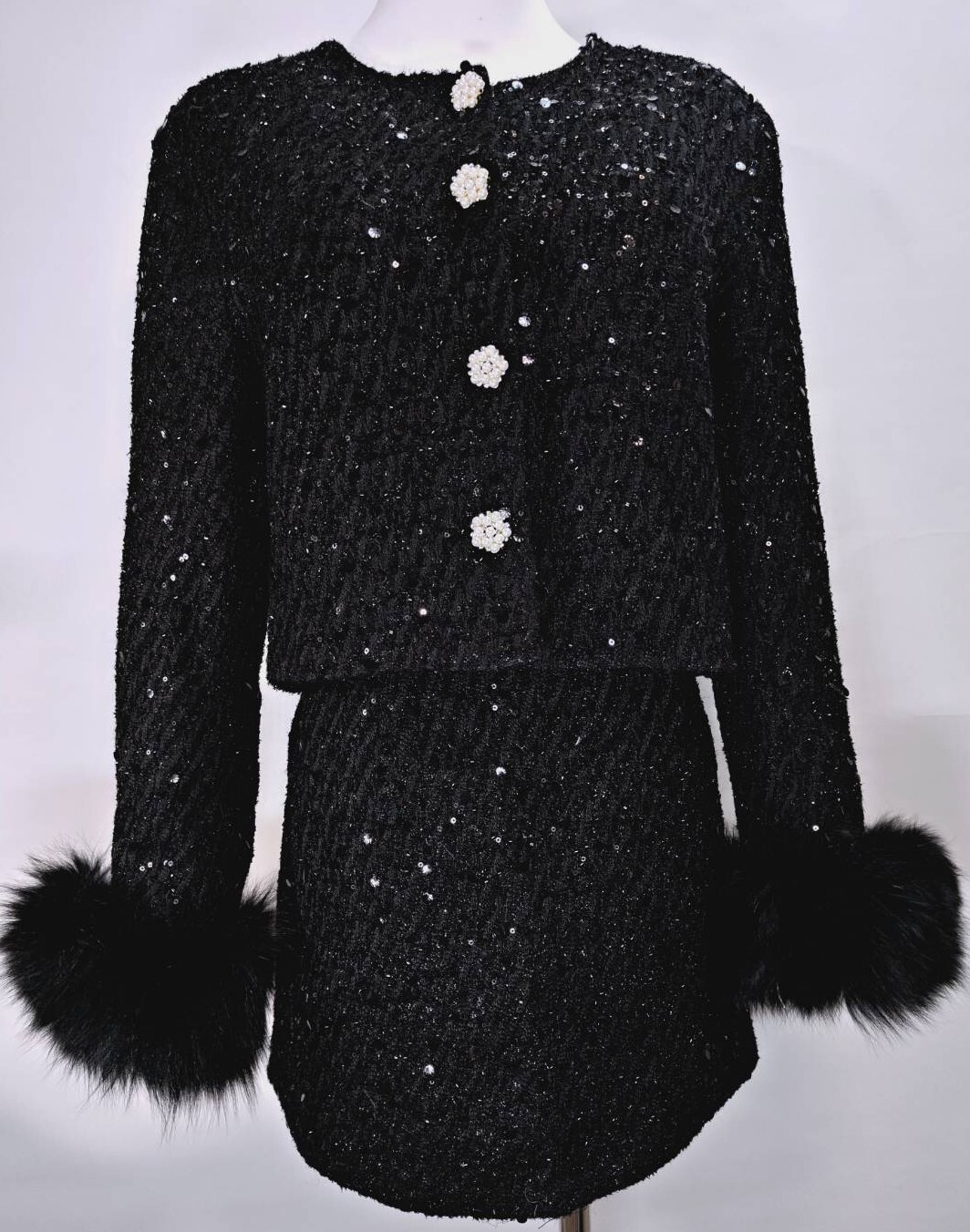 氣質珍珠金釦亮片短版外套＋半身裙兩件套 C64