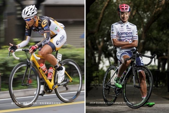 馮俊凱身穿台灣冠軍衫效力 Lampre–Merida 時期的定裝照,象徵台灣選手踏入 WorldTour 體系