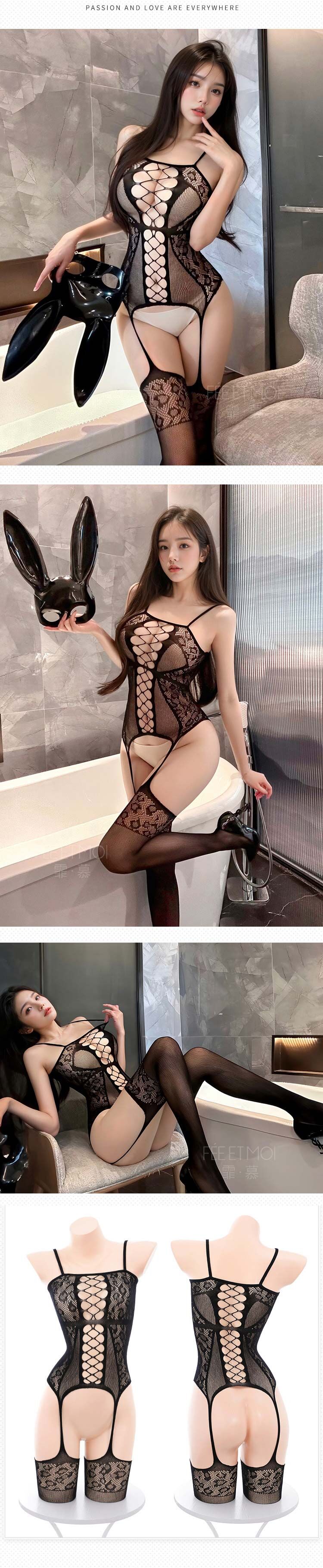 L7556 午夜巴黎吊帶緹花連身貓裝