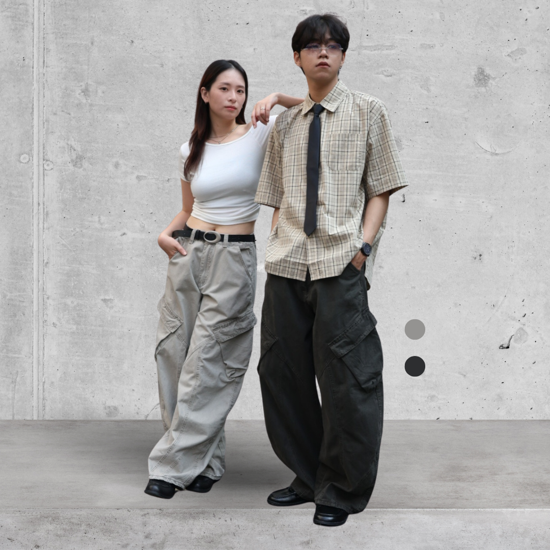 （現貨）P037 美式街頭斜切口袋拼接工裝彎刀褲