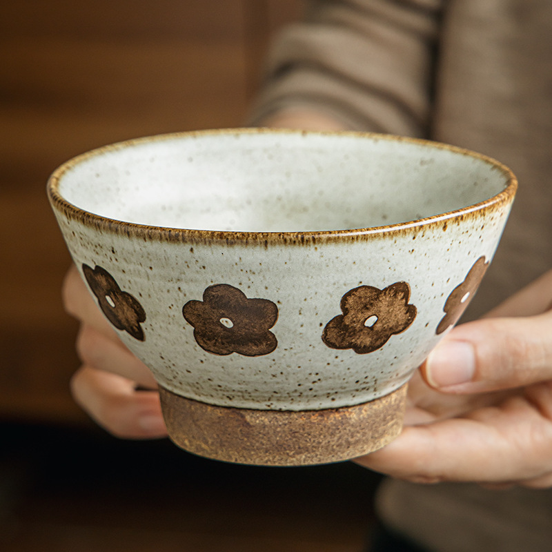 《6480》日式手工復古小花粗陶碗