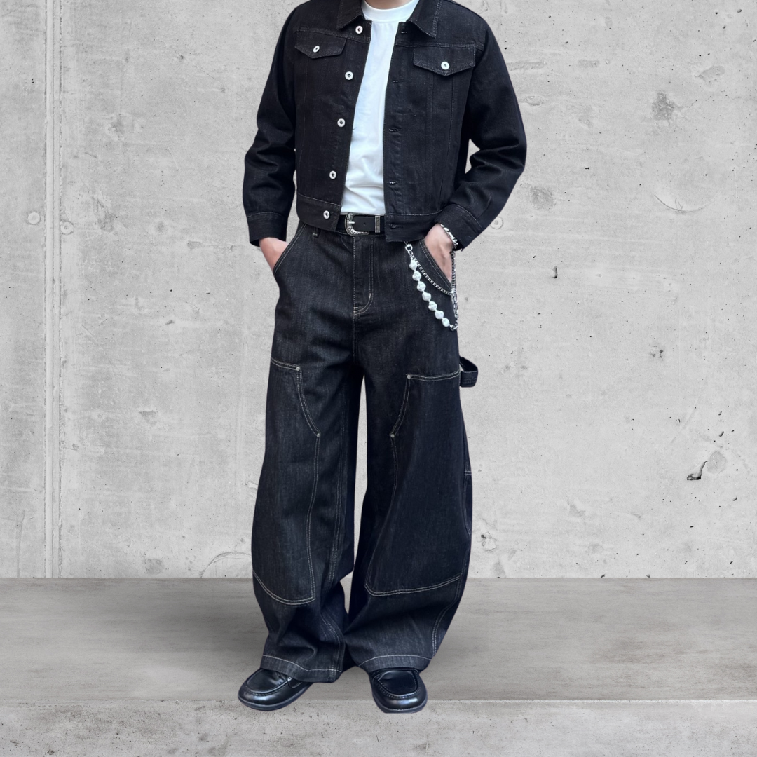 （現貨）NJ259 美式立體拼接車線牛仔彎刀褲