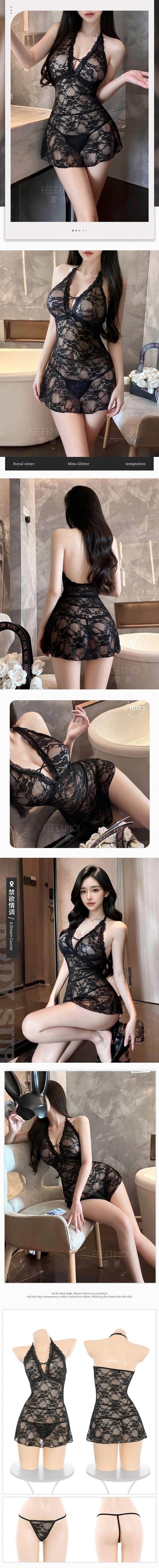 L6535-1 花漾綻放性感蕾絲睡衣 黑