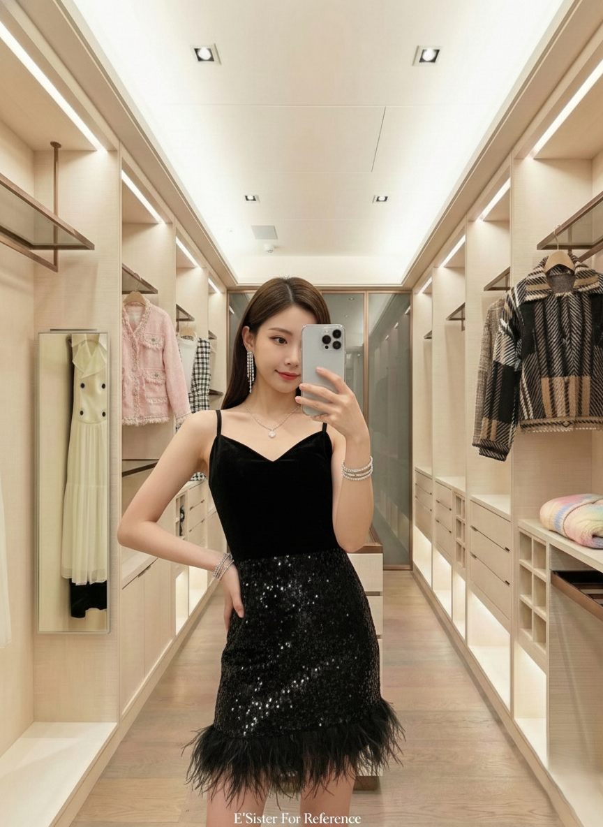 奢華亮片拼接羽毛下擺絲絨洋裝 C68