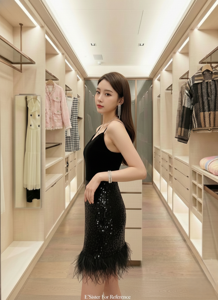 奢華亮片拼接羽毛下擺絲絨洋裝 C68