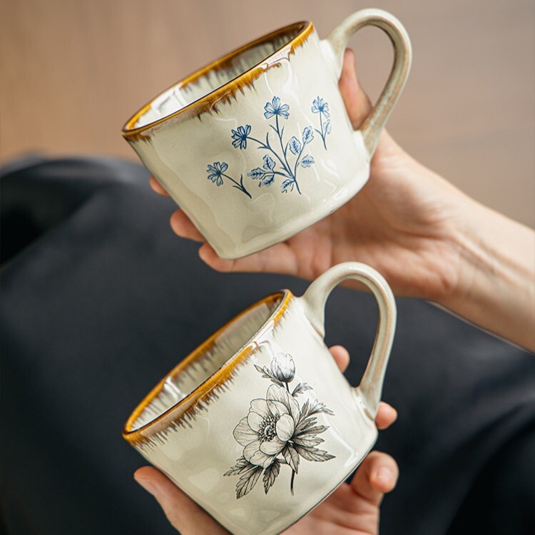 《6482》復古釉彩陶瓷花朵馬克杯385ml