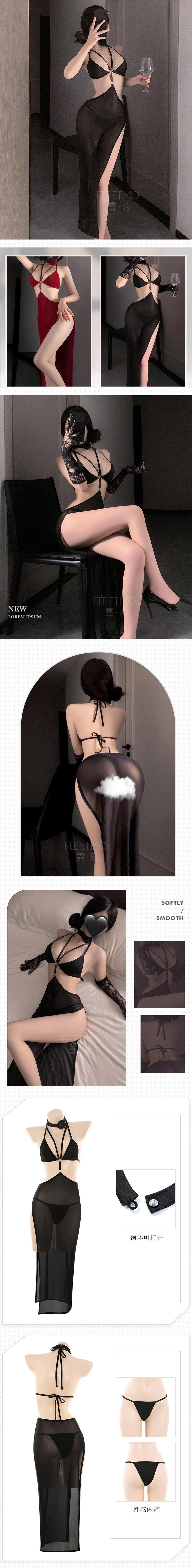 L6526 極致曲線後背綁帶性感睡裙 黑