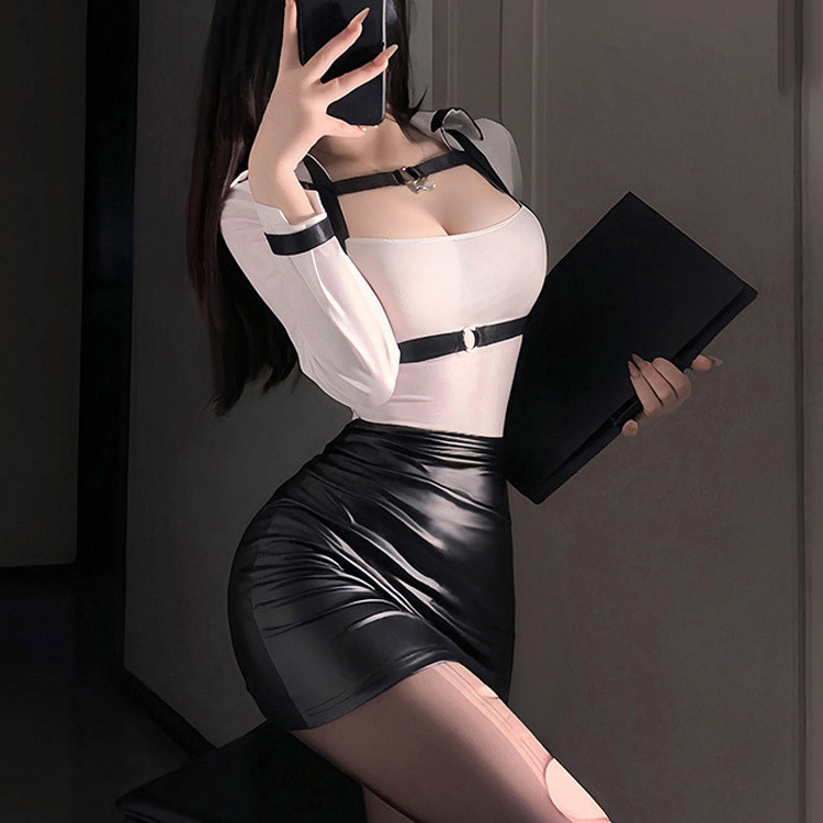 L6203 性感秘書OL綁帶仿皮裙