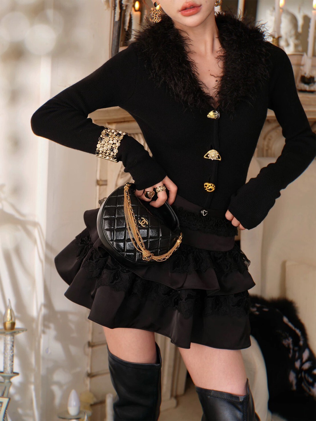 設計師家毛領針織重工上衣