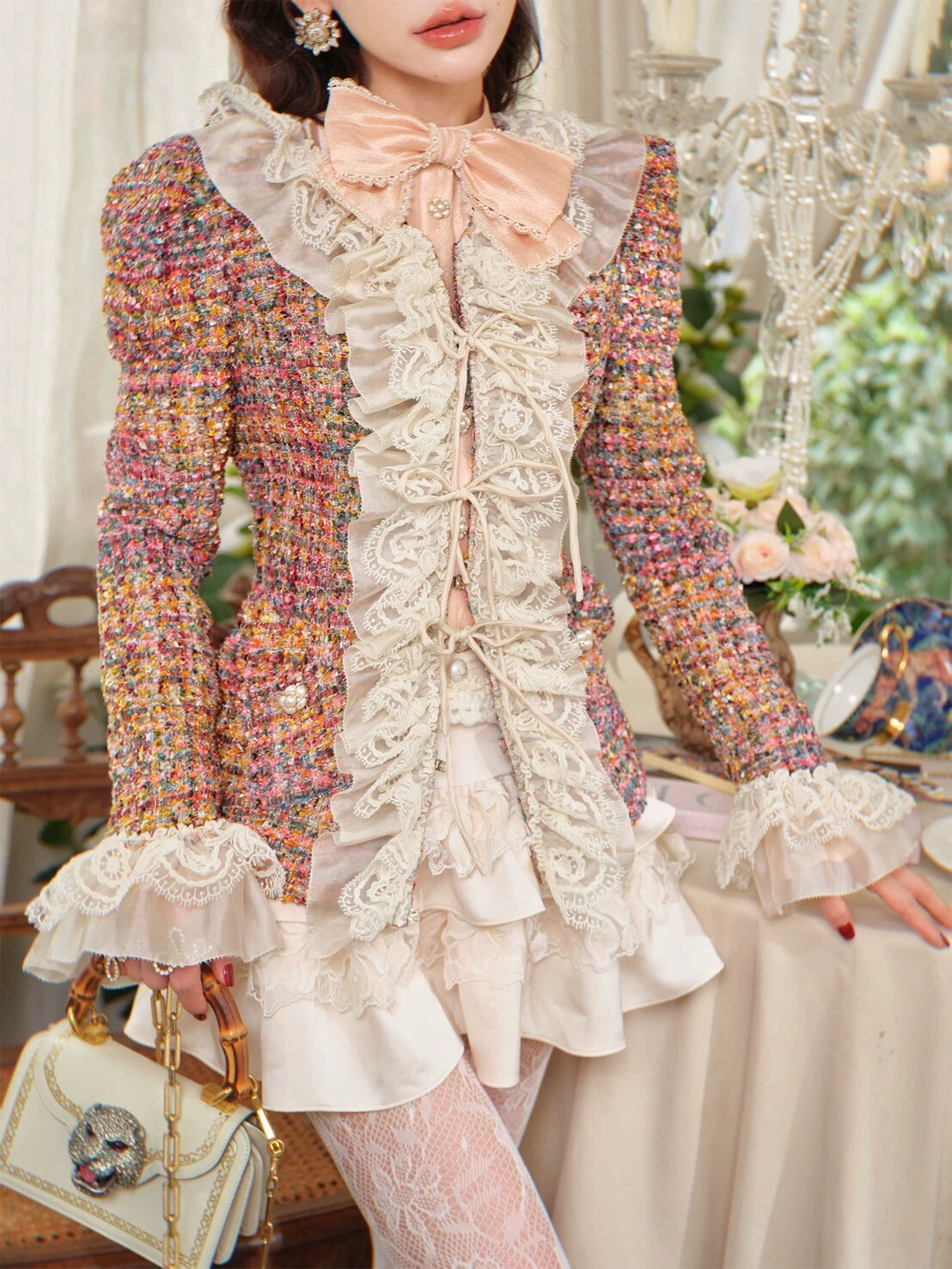 設計師家重工拼接蕾絲荷葉中長款外套